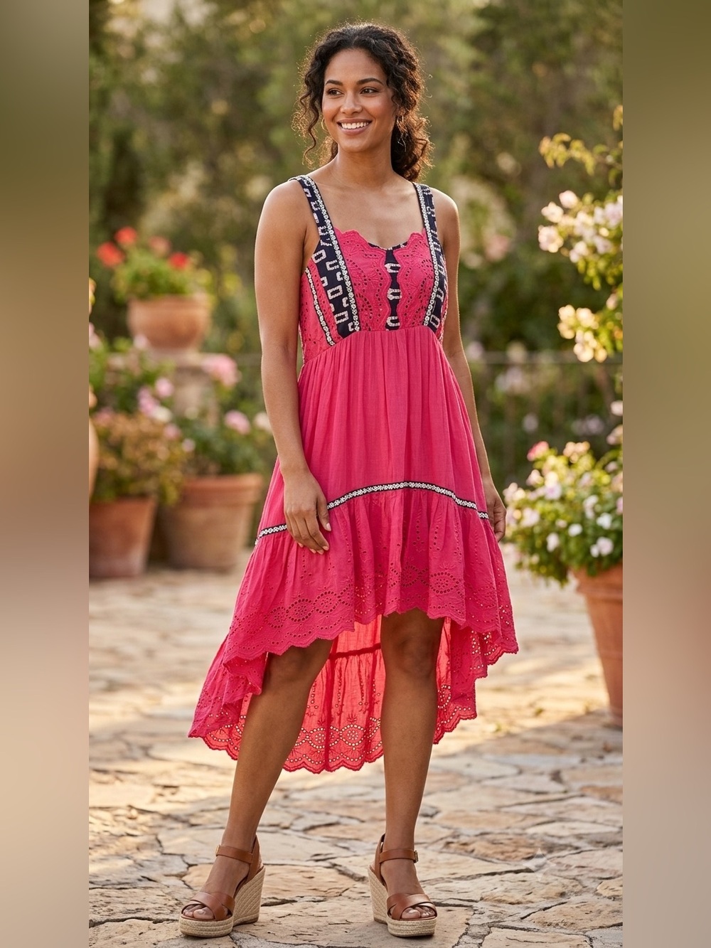 Dina Be Hot Pink Embroidered Sleeveless Summer High Low Dress